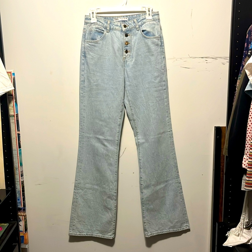 Zara light wash flare leg button down jeans
